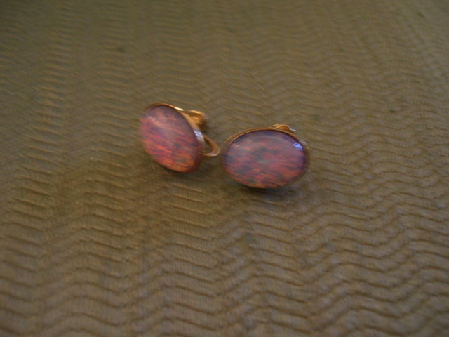 Opal Earrings-Vintage Screw Back-Firey Pink and Blue