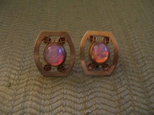 Opal Earrings-Vintage Screw Back-Firey Pink and Blue