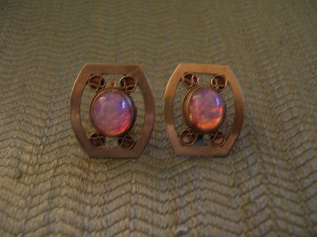 Opal Earrings-Vintage Screw Back-Firey Pink and Blue