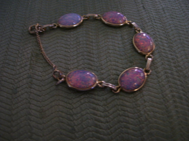 Opal Bracelet- (5) Vintage Channel Set -Firey Pink and Blue Stones