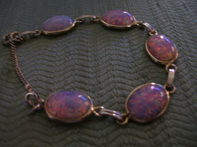 Opal Bracelet- (5) Vintage Channel Set -Firey Pink and Blue Stones