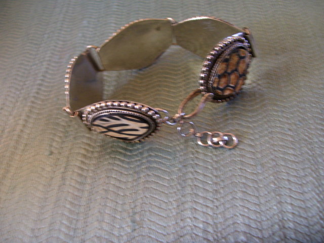 Bone/wood on Silver Decorative Carved Bracelet