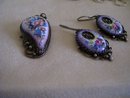 Hand Painted Porcelain Broach and Matching Earrings