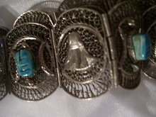 A lady's Egyptian ancient Pharohs Silver mesh and carved Gemstone Belt, 217.0 grams