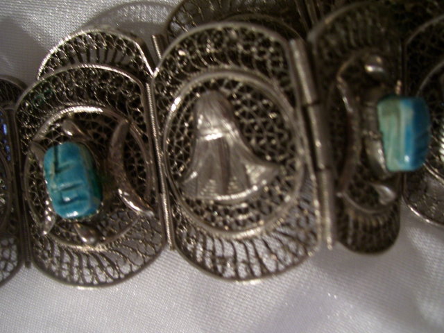 A lady's Egyptian ancient Pharohs Silver mesh and carved Gemstone Belt, 217.0 grams