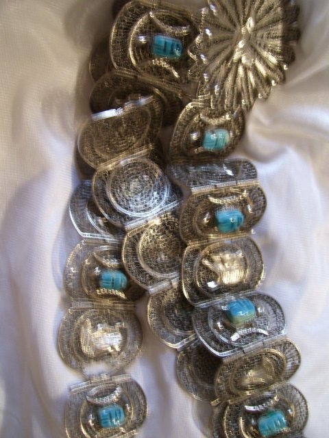 A lady's Egyptian ancient Pharohs Silver mesh and carved Gemstone Belt, 217.0 grams