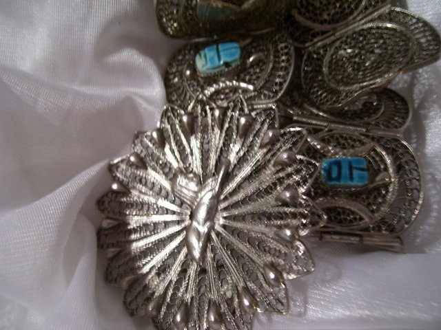 A lady's Egyptian ancient Pharohs Silver mesh and carved Gemstone Belt, 217.0 grams