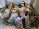 American Indian Fetish Necklace, Mid 1900's, Carved Bird and Animals on Fine Shell Heshi, 36 Carved Stone Fetishes, 34