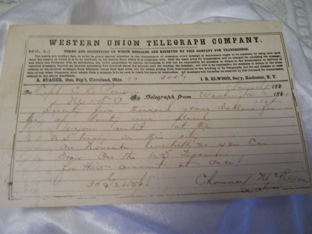 Civil War Western Union Telegraph From Washington to Captain CC Pomeroy ( 75,000.00 Bounty)