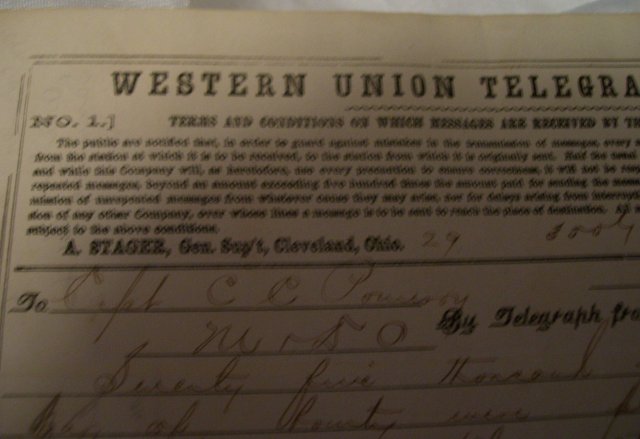 Civil War Western Union Telegraph From Washington to Captain CC Pomeroy ( 75,000.00 Bounty)
