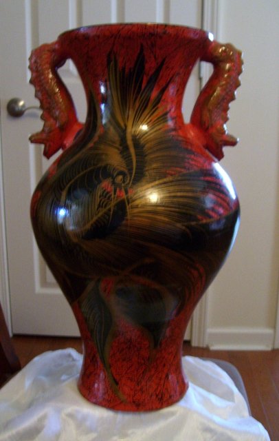 Chinese large handcrafted clay pottery red Dragon floor vase
