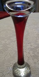 Murano style blown art glass 10'' red bud / clear vase