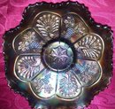 Vintage Fenton, ''Peacock and Grapes- Varient , ( Berry and Leaf Circle on Exterior ) Blue , 8 ruffled , Sawtoothed edge Art Glass Bowl