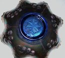 Vintage Fenton, ''Peacock and Grapes- Varient , ( Berry and Leaf Circle on Exterior ) Blue , 8 ruffled , Sawtoothed edge Art Glass Bowl