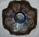 Vintage Fenton, ''Peacock and Grapes- Varient , ( Berry and Leaf Circle on Exterior ) Blue , 8 ruffled , Sawtoothed edge Art Glass Bowl