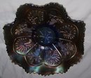 Vintage Fenton, ''Peacock and Grapes- Varient , ( Berry and Leaf Circle on Exterior ) Blue , 8 ruffled , Sawtoothed edge Art Glass Bowl