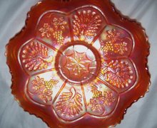 Vintage Fenton, ''Peacock and Grapes- Varient'' Leaf Circle on Exterior'' 9 in. 8 ruffled Art Glass Bowl