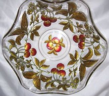 Vintage Northwood, ''Paneled Cherries'' Intaglio, Red and Gold Enameled 10.125 inch Center Bowl