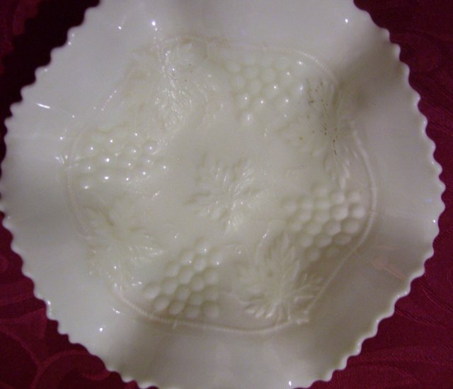 Vintage Northwood, Varient and Rare ''White''-Grape and Cable'' 6 Ruffle/ Basketweave exterior, 7and 5/8 inch Art Glass Bowl