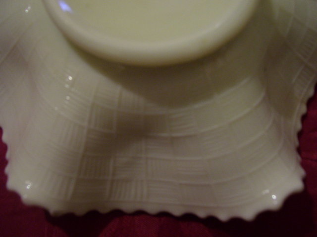 Vintage Northwood, Varient and Rare ''White''-Grape and Cable'' 6 Ruffle/ Basketweave exterior, 7and 5/8 inch Art Glass Bowl