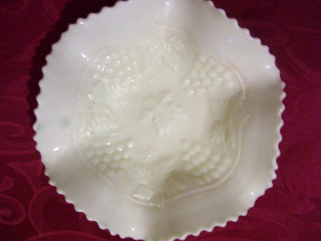 Vintage Northwood, Varient and Rare ''White''-Grape and Cable'' 6 Ruffle/ Basketweave exterior, 7and 5/8 inch Art Glass Bowl