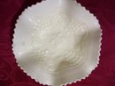 Vintage Northwood, Varient and Rare ''White''-Grape and Cable'' 6 Ruffle/ Basketweave exterior, 7and 5/8 inch Art Glass Bowl