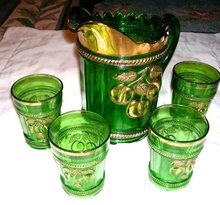 Vintage ,Northwood, Intagilo, '' Peach '' Pattern-Emerald Green-Five Piece Water Set