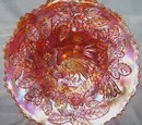Fenton,''Peacock and Urn'' Vintage- Sawtooth edge, 9 '' Pumkin/ Marigold Plate with Bearded Berry Exterior