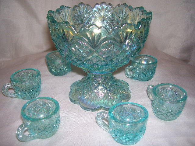 Vintage, Westmoreland, Rare, '' Checkerboard, '' Childs/Salesman Sample, Ice Blue, Mini- Seven Piece Punch bowl Set
