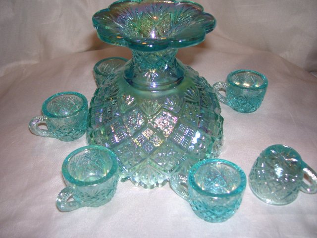 Vintage, Westmoreland, Rare, '' Checkerboard, '' Childs/Salesman Sample, Ice Blue, Mini- Seven Piece Punch bowl Set