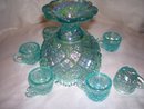 Vintage, Westmoreland, Rare, '' Checkerboard, '' Childs/Salesman Sample, Ice Blue, Mini- Seven Piece Punch bowl Set