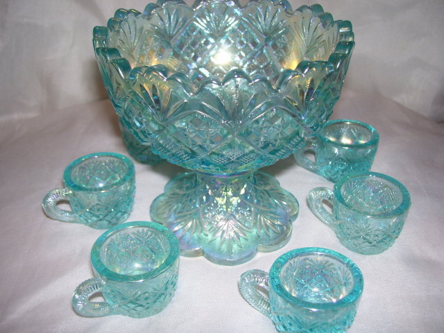 Vintage, Westmoreland, Rare, '' Checkerboard, '' Childs/Salesman Sample, Ice Blue, Mini- Seven Piece Punch bowl Set