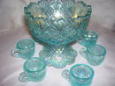 Vintage, Westmoreland, Rare, '' Checkerboard, '' Childs/Salesman Sample, Ice Blue, Mini- Seven Piece Punch bowl Set