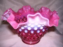 Fenton Art Glass-Cranberry Hobnail Opalescent 7 inch bowl