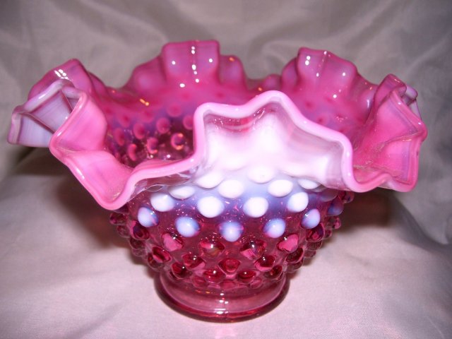 Fenton Art Glass-Cranberry Hobnail Opalescent 7 inch bowl