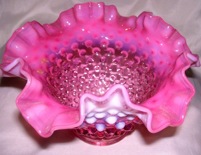 Fenton Art Glass-Cranberry Hobnail Opalescent 7 inch bowl