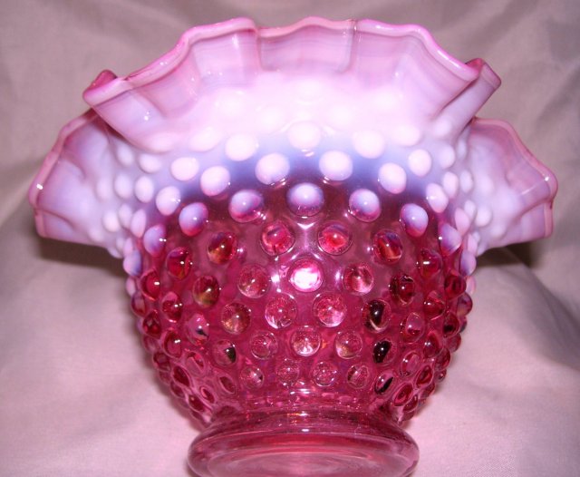 Fenton Art Glass-Cranberry Hobnail Opalescent 7 inch bowl