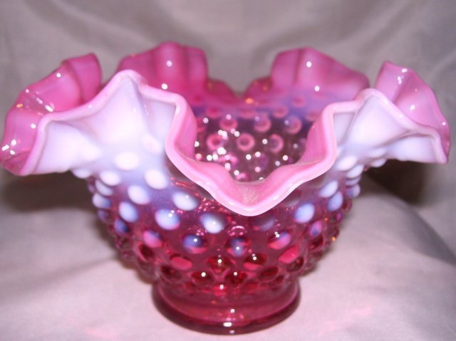 Fenton Art Glass-Cranberry Hobnail Opalescent 7 inch bowl