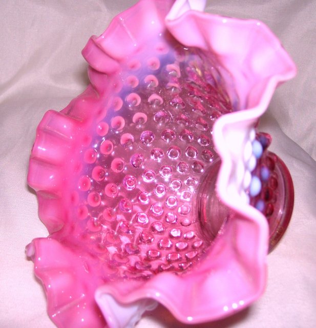 Fenton Art Glass-Cranberry Hobnail Opalescent 7 inch bowl