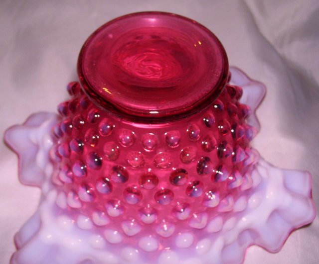Fenton Art Glass-Cranberry Hobnail Opalescent 7 inch bowl