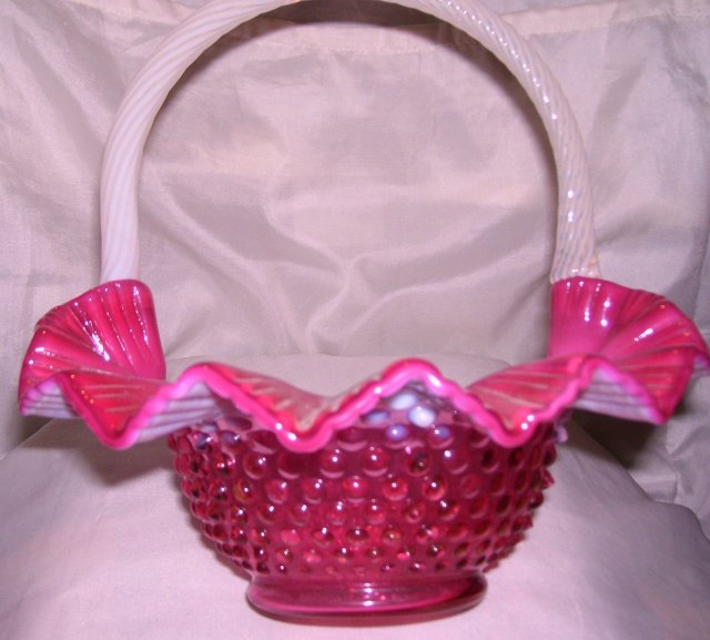 Fenton Art Glass-Cranberry Hobnail Opalescent 10 inch Basket bowl with French Opalescent Handles