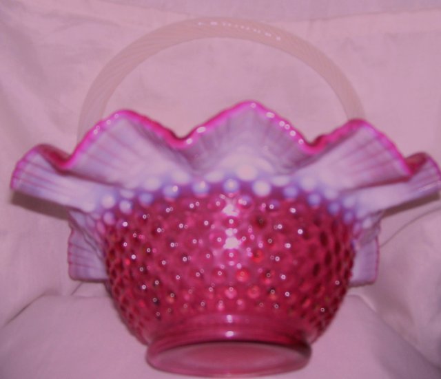 Fenton Art Glass-Cranberry Hobnail Opalescent 10 inch Basket bowl with French Opalescent Handles