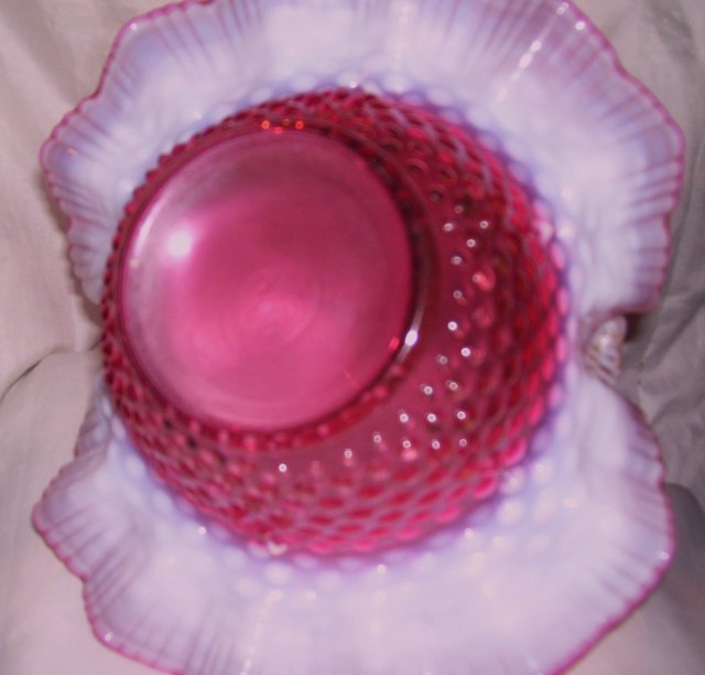 Fenton Art Glass-Cranberry Hobnail Opalescent 10 inch Basket bowl with French Opalescent Handles