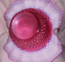 Fenton Art Glass-Cranberry Hobnail Opalescent 10 inch Basket bowl with French Opalescent Handles