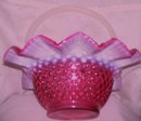 Fenton Art Glass-Cranberry Hobnail Opalescent 10 inch Basket bowl with French Opalescent Handles