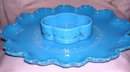 Vintage, Turquoise Blue , Floral Motif, Art Glass Dresser Tray and Matching Dresser Trinket Box