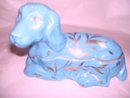 Limoges France,MOD-DEP-Papillion-Bassett Hound Trinket Box/ Blue With Gold Gilted Leaf Foilage