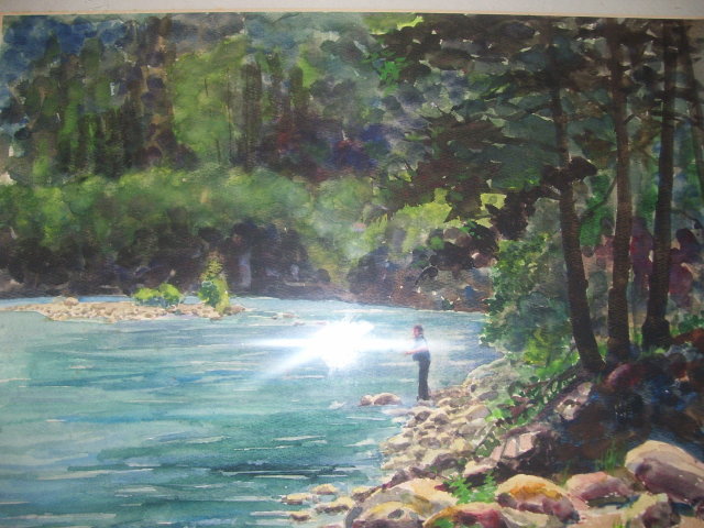 A Fishing Scene by The artist-Everett- Watercolor Signed Everett 91