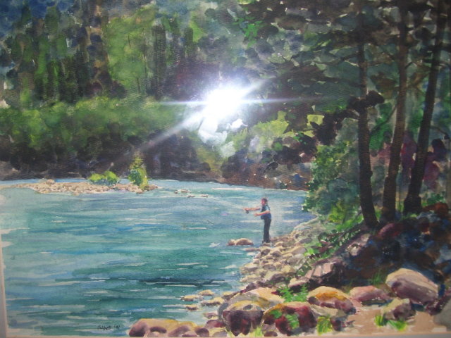 A Fishing Scene by The artist-Everett- Watercolor Signed Everett 91