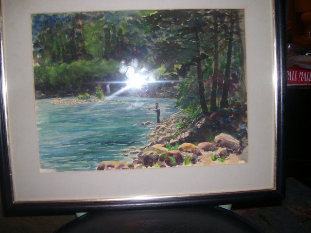 A Fishing Scene by The artist-Everett- Watercolor Signed Everett 91